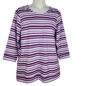 Denim & Co. Active Top Small Striped French Terry 3/4 Sleeve Back Detail Purple